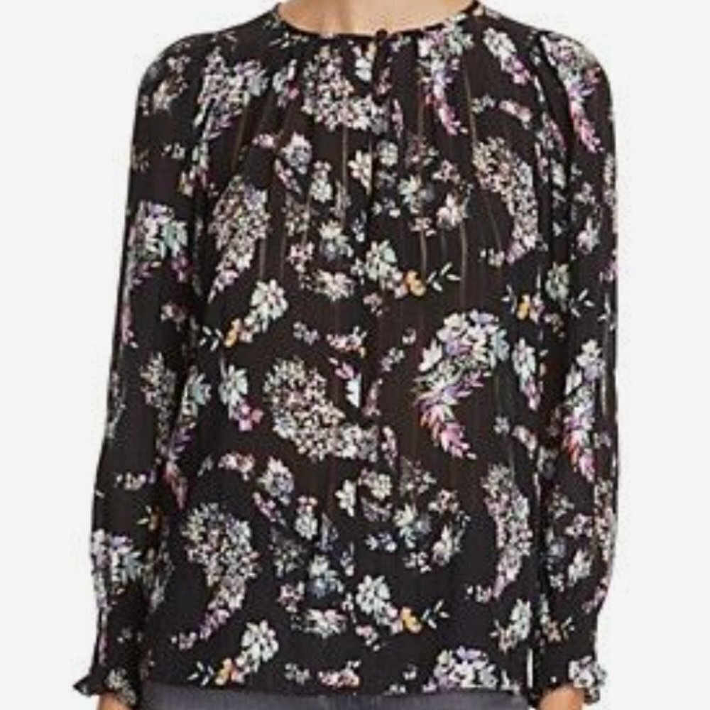 Rebecca Taylor 6 Women’s blouse long sleeve black semi sheer floral round neck